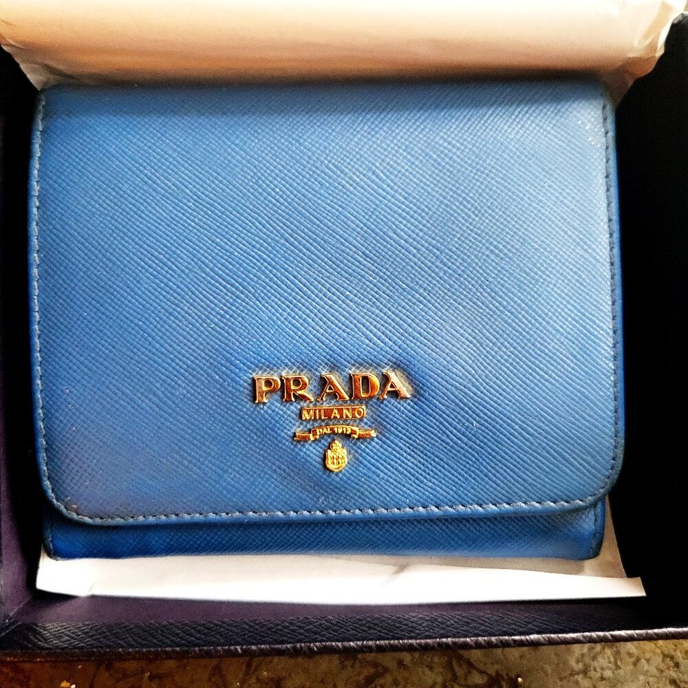 Authentic Prada Blue Saffiano Unisex Tri-fold Wallet in Box